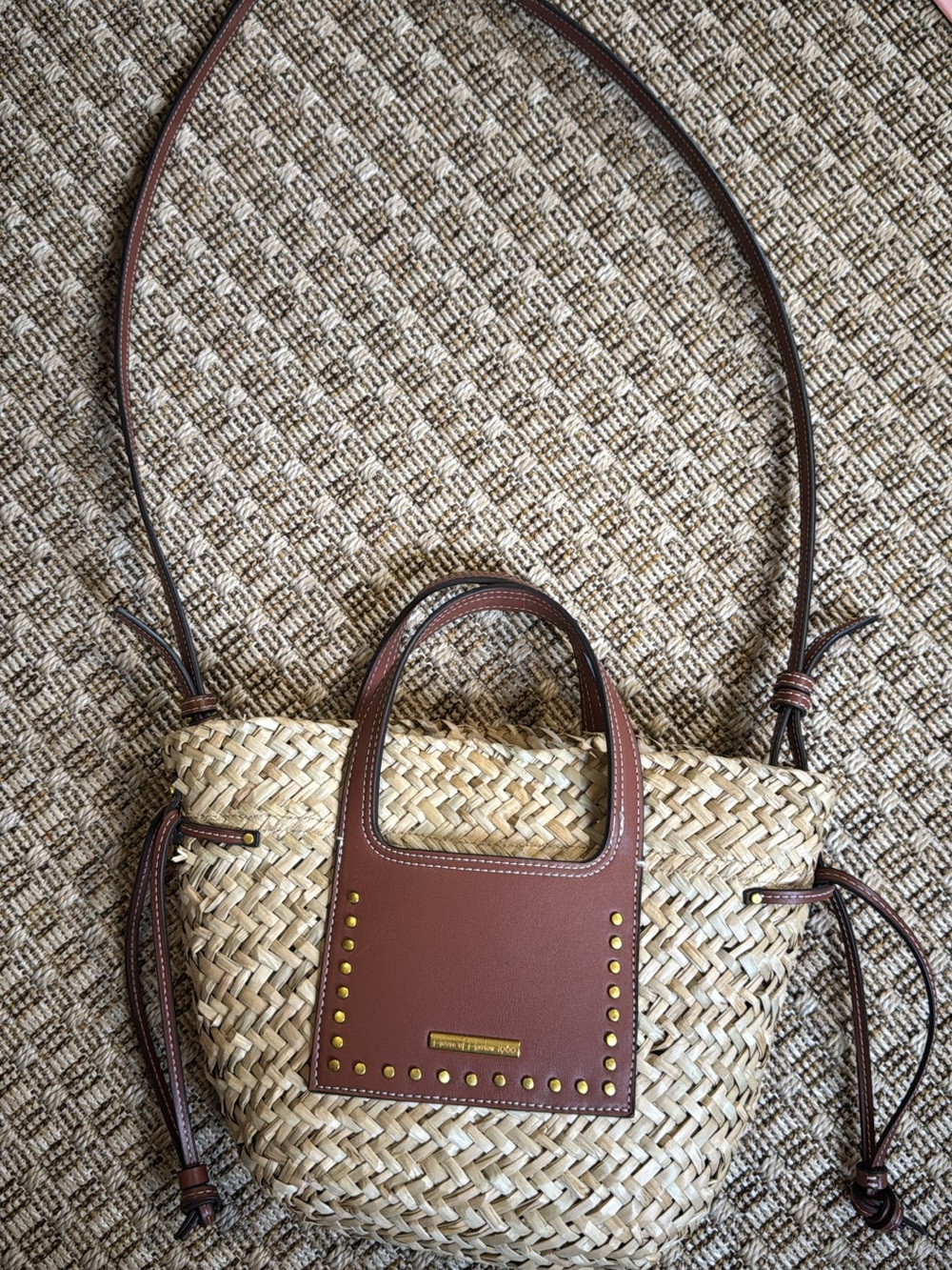 House of Harlow Straw Woven Crossbody Tote with Brown Leather  Trim
